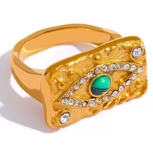 Baroque Malachite 18K Gold Stainless Steel Waterproof Eye Ring